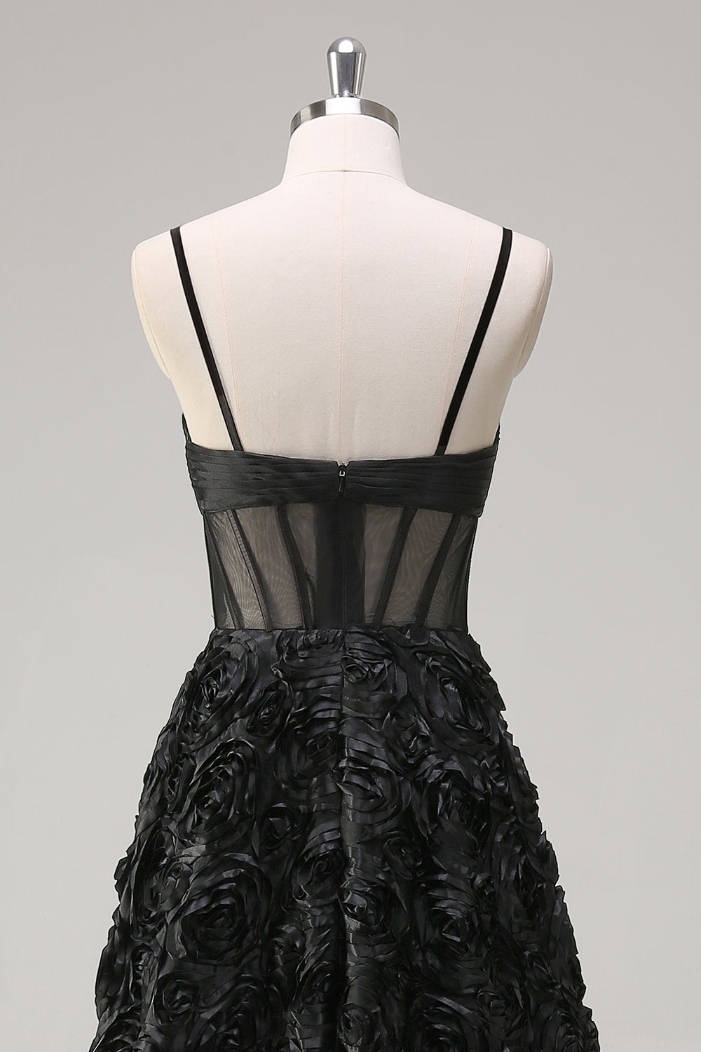 Élégante Robe de soirée florale 3D noire A Line avec corset transparent