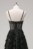 Élégante Robe de soirée florale 3D noire A Line avec corset transparent