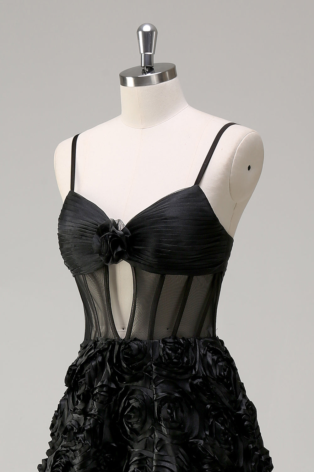 Élégante Robe de soirée florale 3D noire A Line avec corset transparent