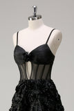 Élégante Robe de soirée florale 3D noire A Line avec corset transparent
