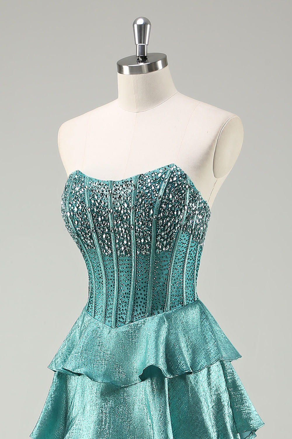 Volants à plusieurs niveaux Robe de soirée longue sans bretelles vert paon avec perles