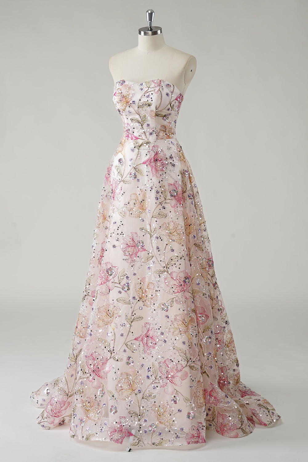 Robe De Soirée florale à sequins a-ligne rose scintillante