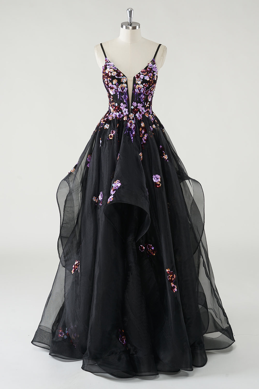 Une ligne profonde à col en V Robe De Soirée noire longue avec appliques à paillettes