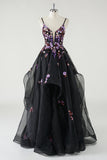 Une ligne profonde à col en V Robe De Soirée noire longue avec appliques à paillettes