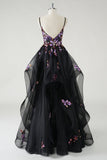 Une ligne profonde à col en V Robe De Soirée noire longue avec appliques à paillettes