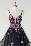 Une ligne profonde à col en V Robe De Soirée noire longue avec appliques à paillettes