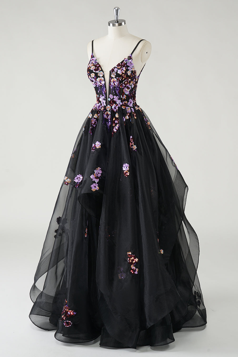 Une ligne profonde à col en V Robe De Soirée noire longue avec appliques à paillettes