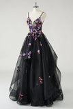 Une ligne profonde à col en V Robe De Soirée noire longue avec appliques à paillettes