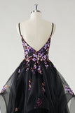 Une ligne profonde à col en V Robe De Soirée noire longue avec appliques à paillettes