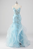 Bleu ciel Sirène Spaghetti Bretelles Sequin Corset Robe de Bal Longue avec Volants