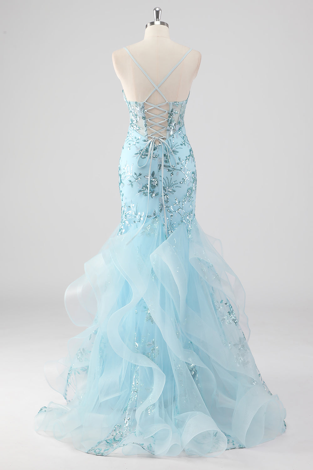 Bleu ciel Sirène Spaghetti Bretelles Sequin Corset Robe de Bal Longue avec Volants
