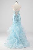 Bleu ciel Sirène Spaghetti Bretelles Sequin Corset Robe de Bal Longue avec Volants