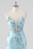 Bleu ciel Sirène Spaghetti Bretelles Sequin Corset Robe de Bal Longue avec Volants