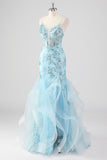 Bleu ciel Sirène Spaghetti Bretelles Sequin Corset Robe de Bal Longue avec Volants