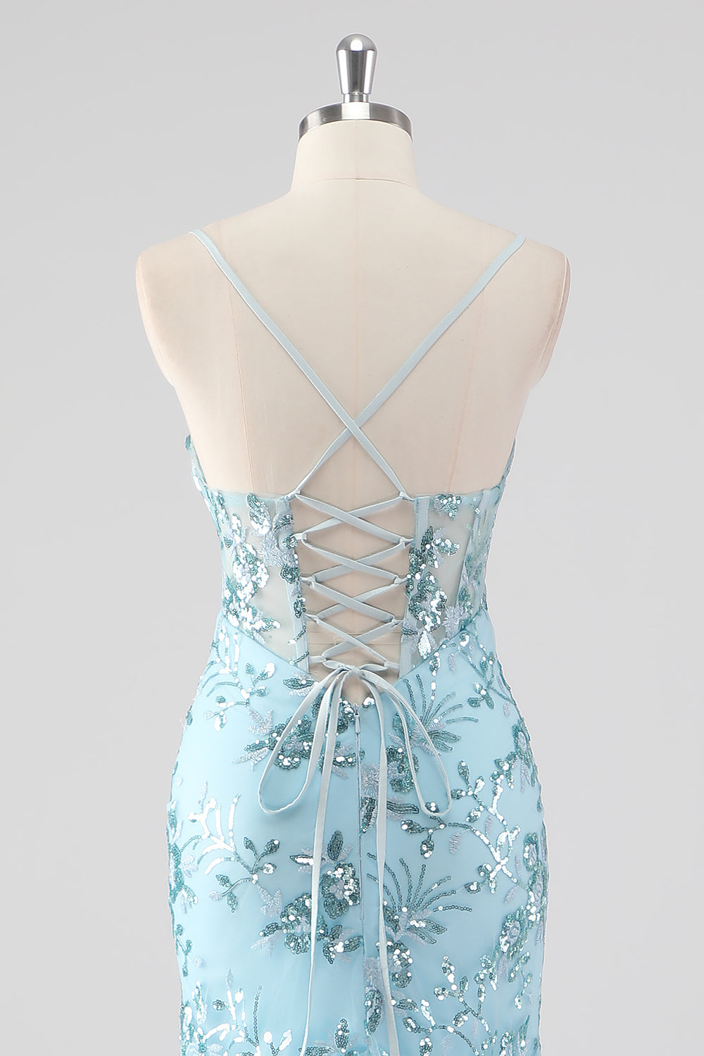 Bleu ciel Sirène Spaghetti Bretelles Sequin Corset Robe de Bal Longue avec Volants