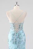 Bleu ciel Sirène Spaghetti Bretelles Sequin Corset Robe de Bal Longue avec Volants