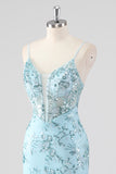 Bleu ciel Sirène Spaghetti Bretelles Sequin Corset Robe de Bal Longue avec Volants