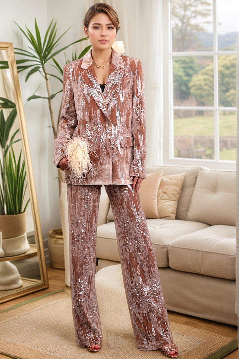 Dusty Rose velours cranté à paillettes 2 pièces Costumes