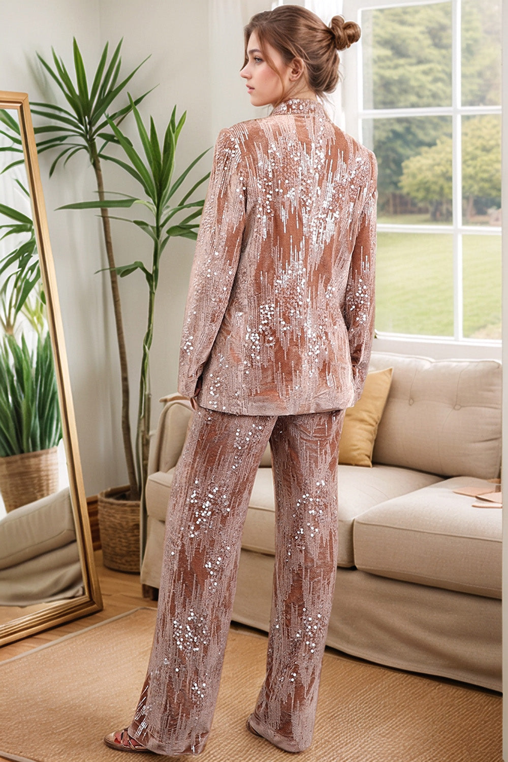 Dusty Rose velours cranté à paillettes 2 pièces Costumes