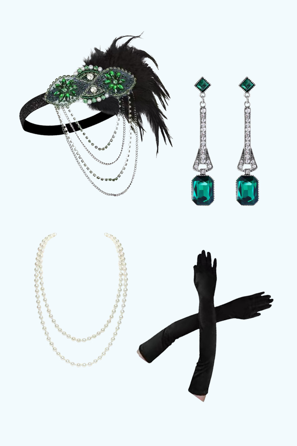 Vert Accessoires de fête des années 1920 Ensembles de quatre pièces