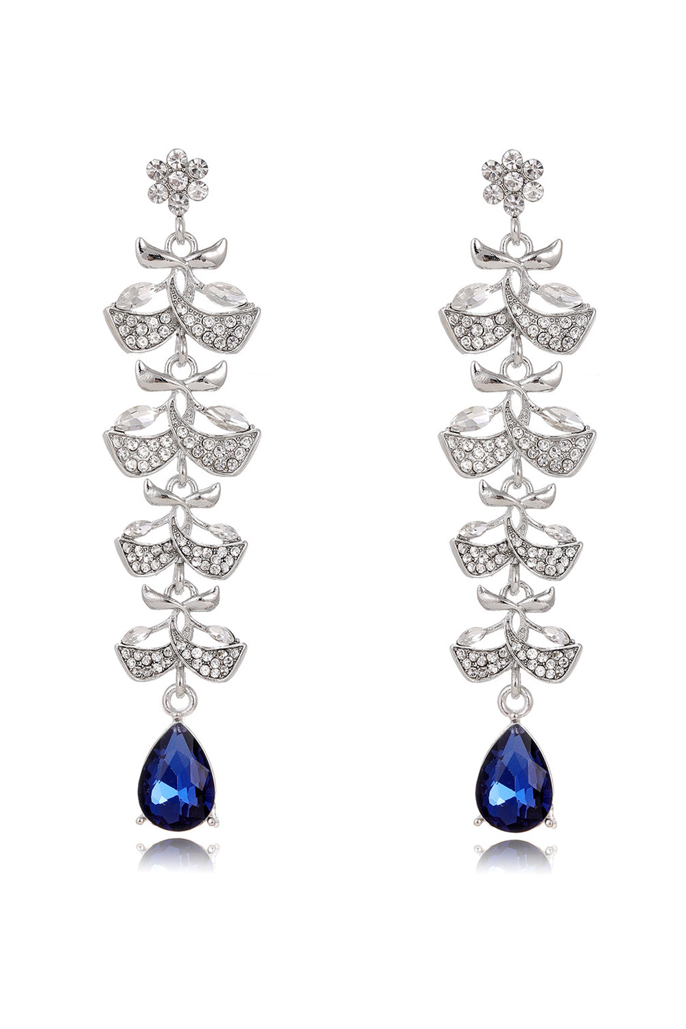 Boucles d’oreilles longues à pompon de feuille de bleu royal avec goutte d’eau