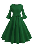 Robe vintage plissée à manches longues à col rond vert foncé des années 1950