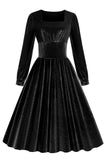 Noir A Line Manches Longues Plissé Vintage Robe des Années 1950
