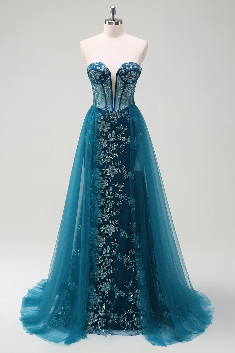 Robe de bal longue sans bretelles scintillante bleu sirène sirène avec fente