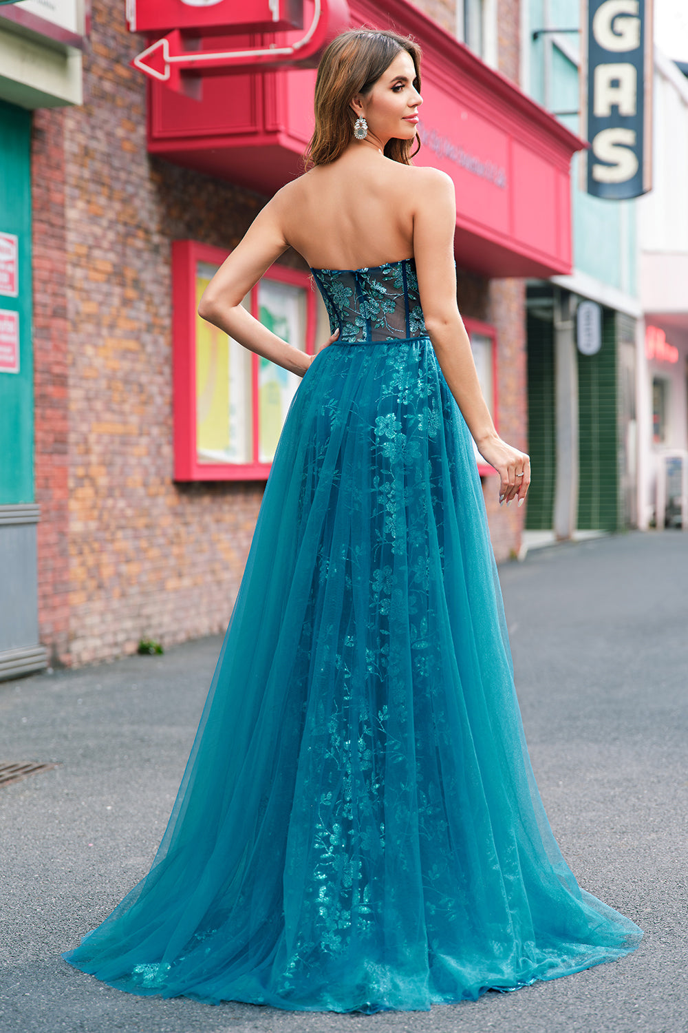 Robe de bal longue sans bretelles scintillante bleu sirène sirène avec fente