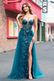 Robe de bal longue sans bretelles scintillante bleu sirène sirène avec fente
