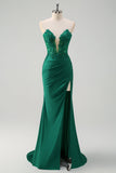 Sirène vert bustier sans bretelles découpé corset longue Robe De Soirée avec fente