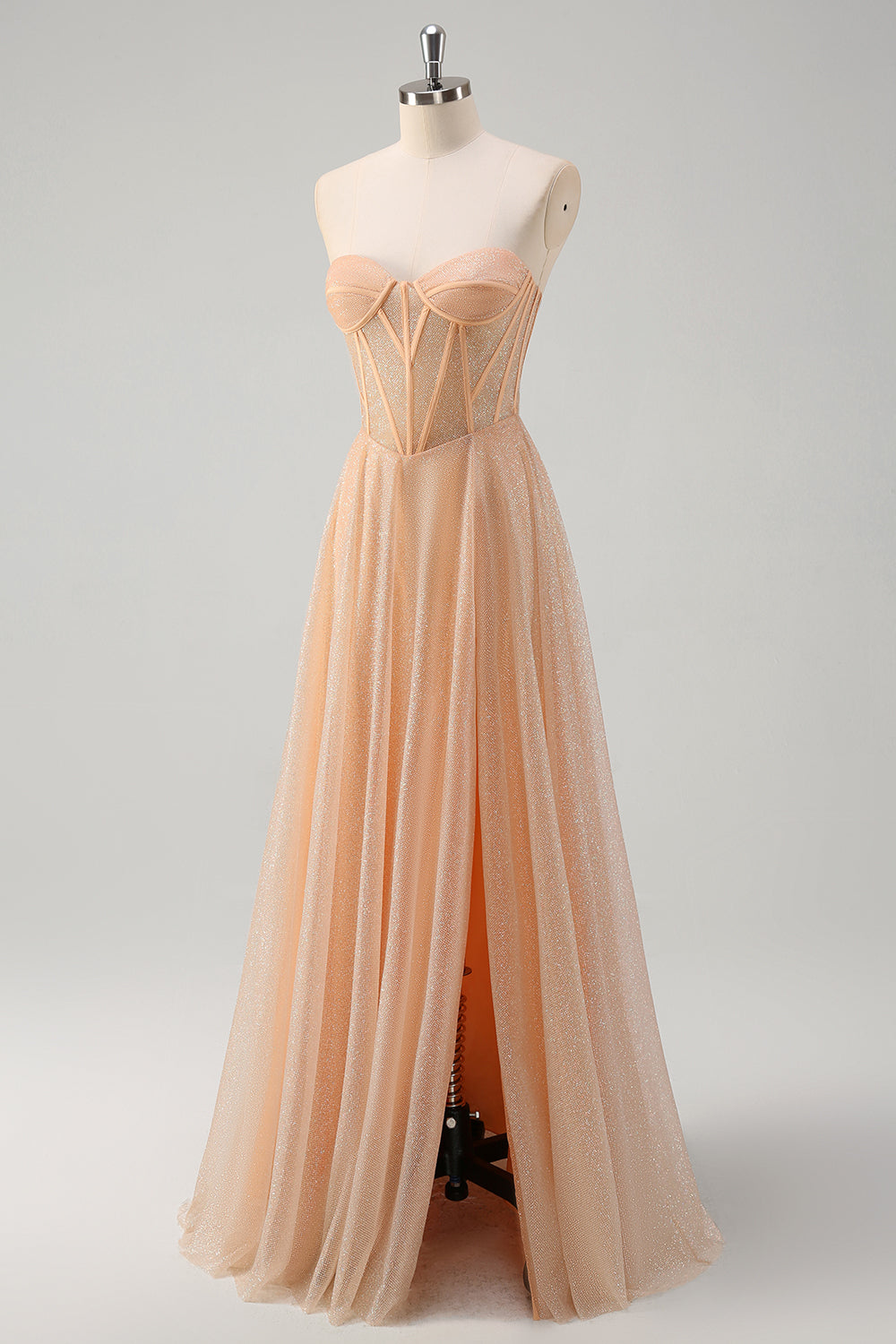 Glitter Champagne Une ligne Corset Robe de bal sans bretelles avec fente