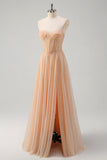 Glitter Champagne Une ligne Corset Robe de bal sans bretelles avec fente