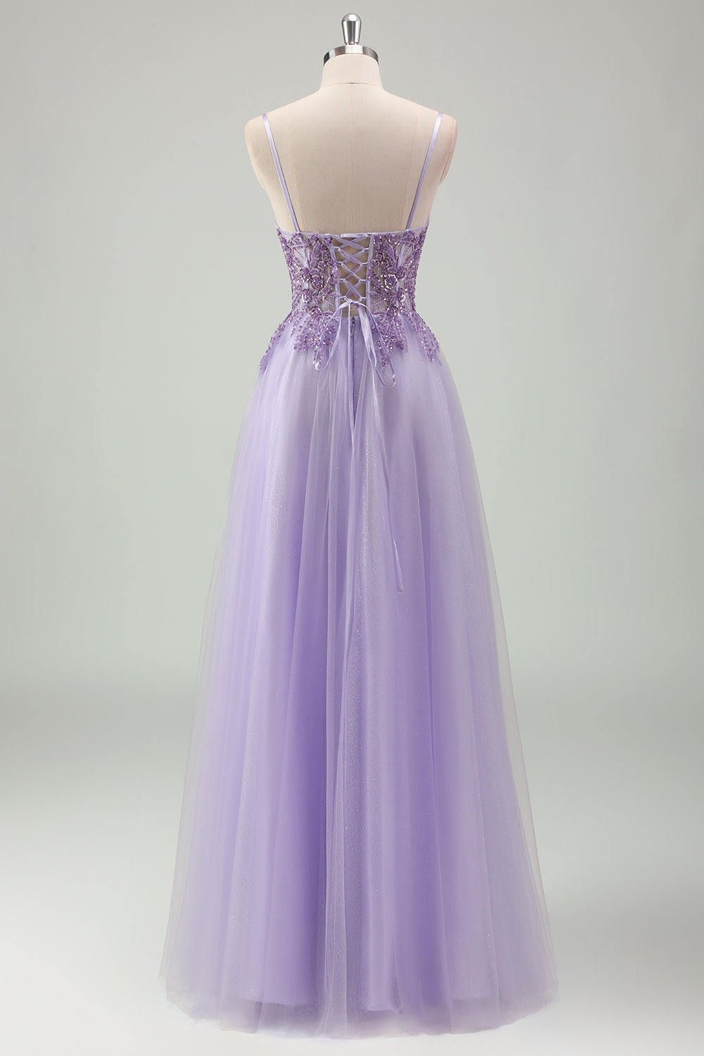 Violet scintillant A-ligne spaghetti bretelles Corset longue robe de bal avec appliques