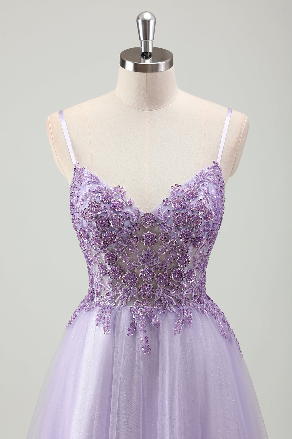 Violet scintillant A-ligne spaghetti bretelles Corset longue robe de bal avec appliques