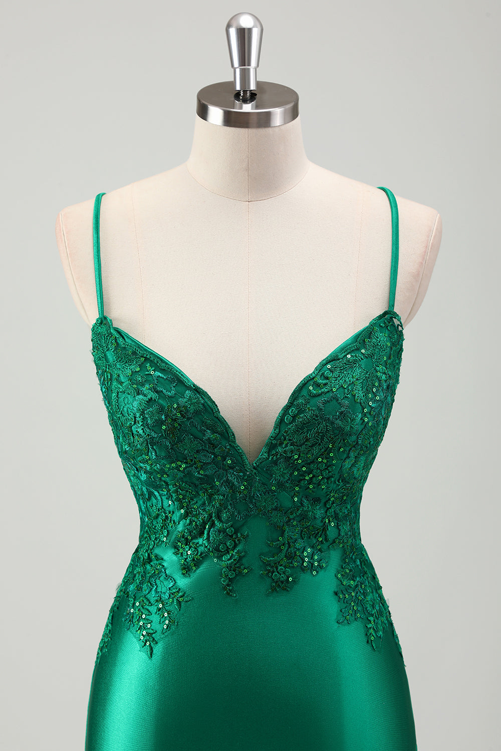 Sirène verte scintillante spaghetti bretelles satin longue robe de bal avec appliques