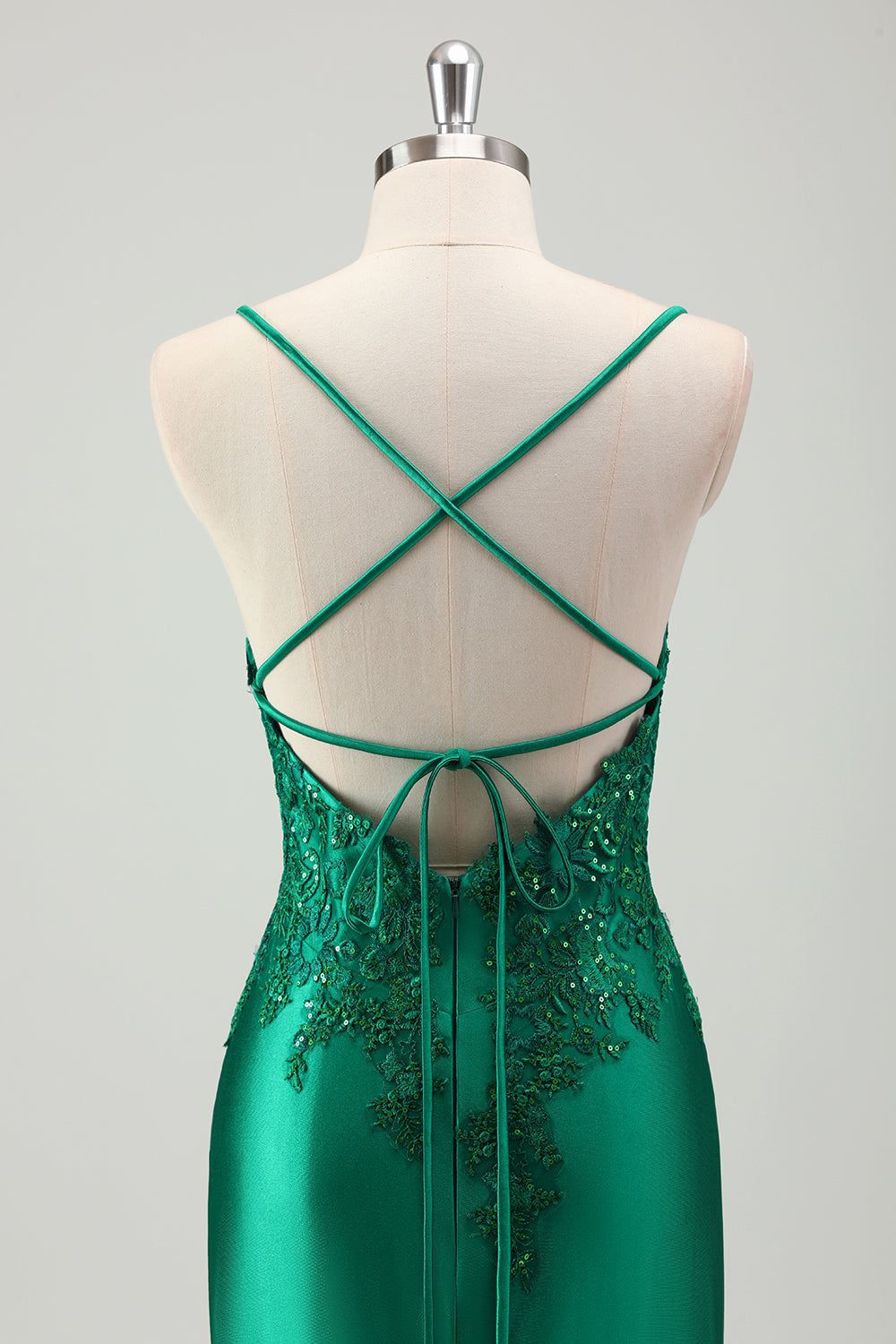 Sirène verte scintillante spaghetti bretelles satin longue robe de bal avec appliques