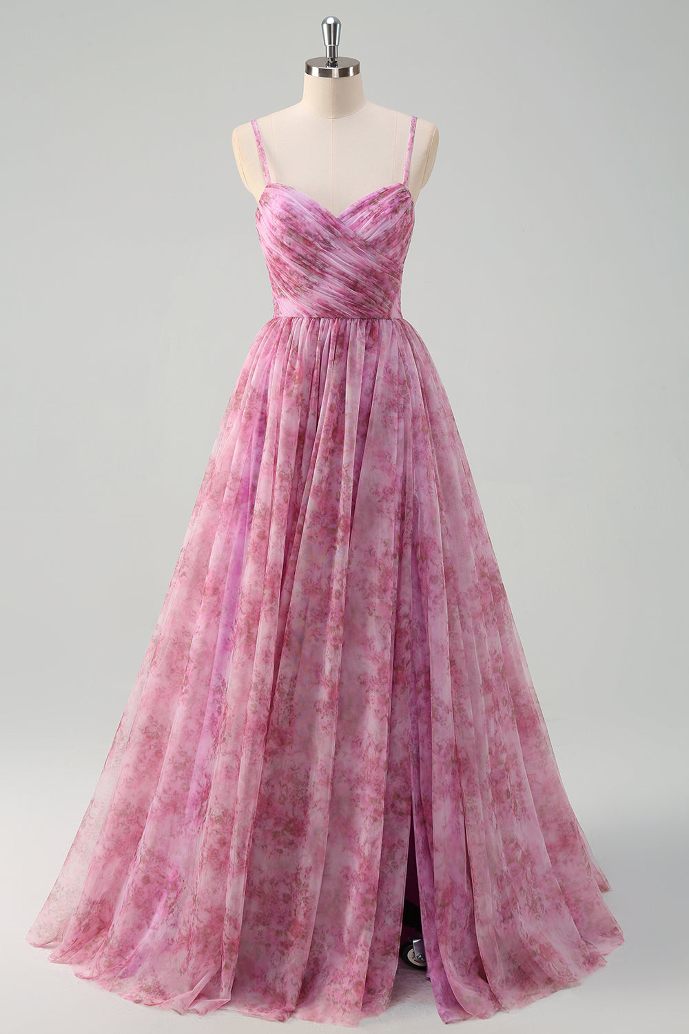Violet rosé A-ligne Floral spaghetti bretelles Robe de soirée longue avec fente