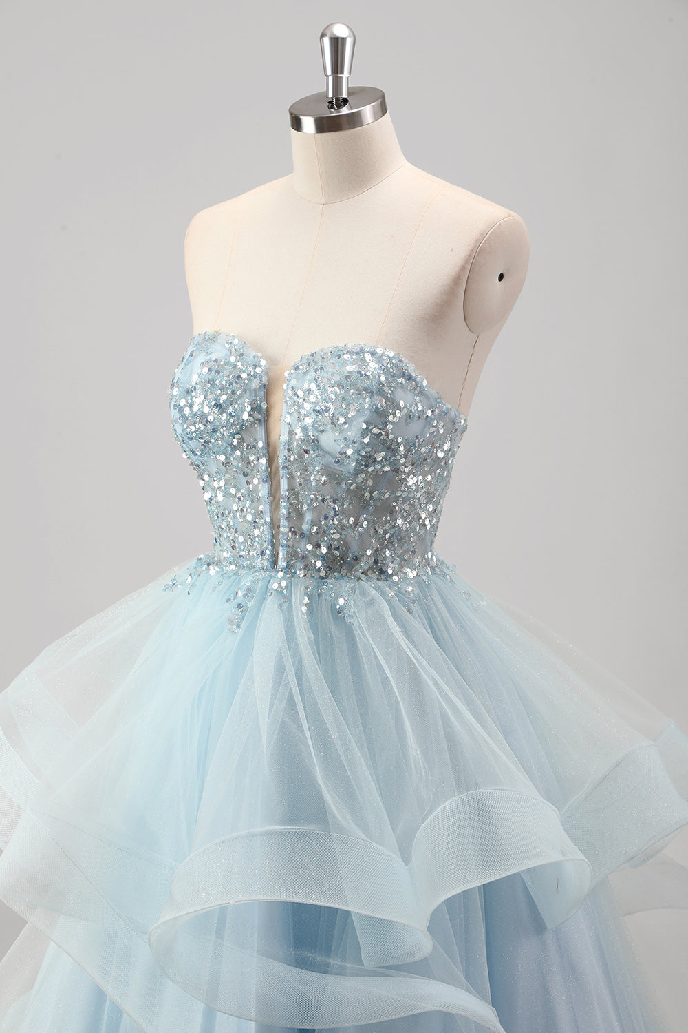 Robe de bal plissée en tulle à paillettes scintillantes sans bretelles avec manches amovibles