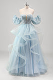 Robe de bal plissée en tulle à paillettes scintillantes sans bretelles avec manches amovibles