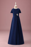 Robe de demoiselle d’honneur junior à col rond bleu marine à manches courtes