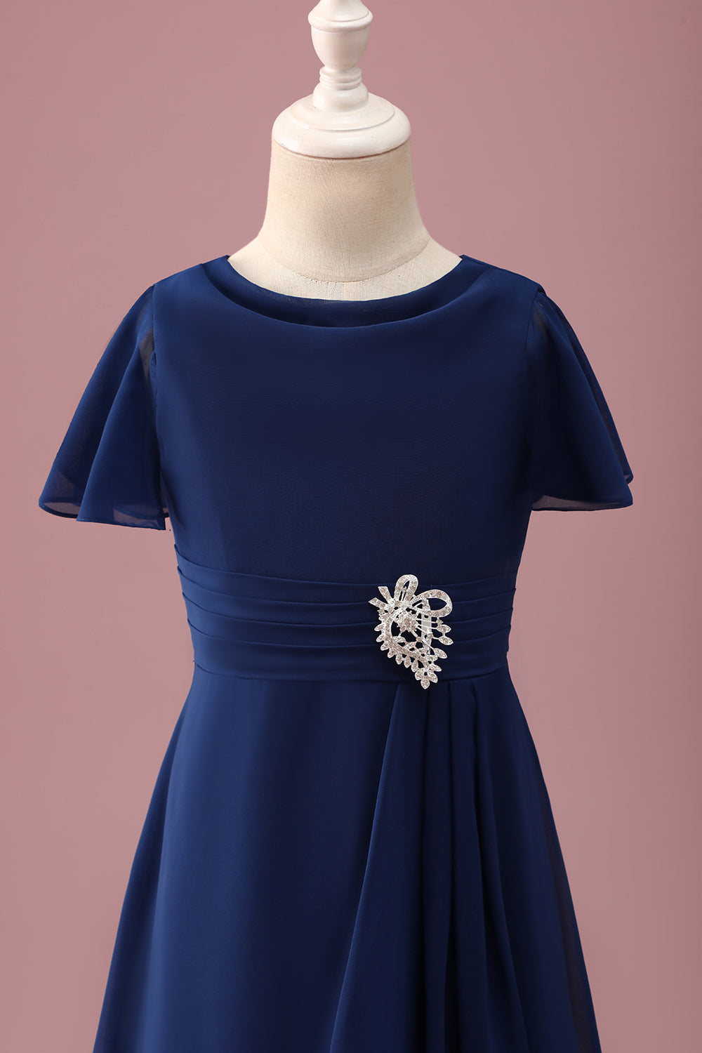 Robe de demoiselle d’honneur junior à col rond bleu marine à manches courtes