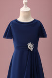 Robe de demoiselle d’honneur junior à col rond bleu marine à manches courtes