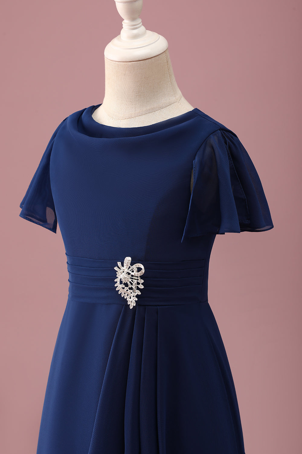Robe de demoiselle d’honneur junior à col rond bleu marine à manches courtes