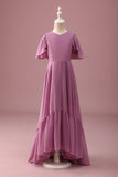 Vintage Mauve Une Ligne Ruchée En Mousseline De Soie Junior Robe De Demoiselle D’honneur À Manches Courtes