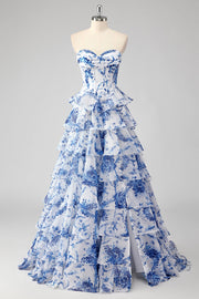 Bleu blanc fleur trapèze Sweetheart longue Robe de soirée à plusieurs niveaux avec fente