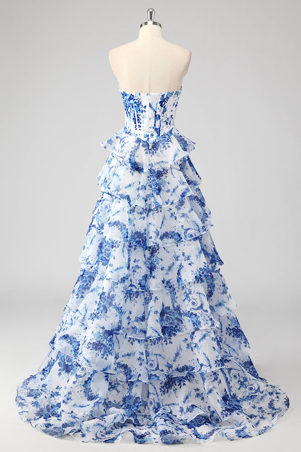 Bleu blanc fleur trapèze Sweetheart longue Robe de soirée à plusieurs niveaux avec fente