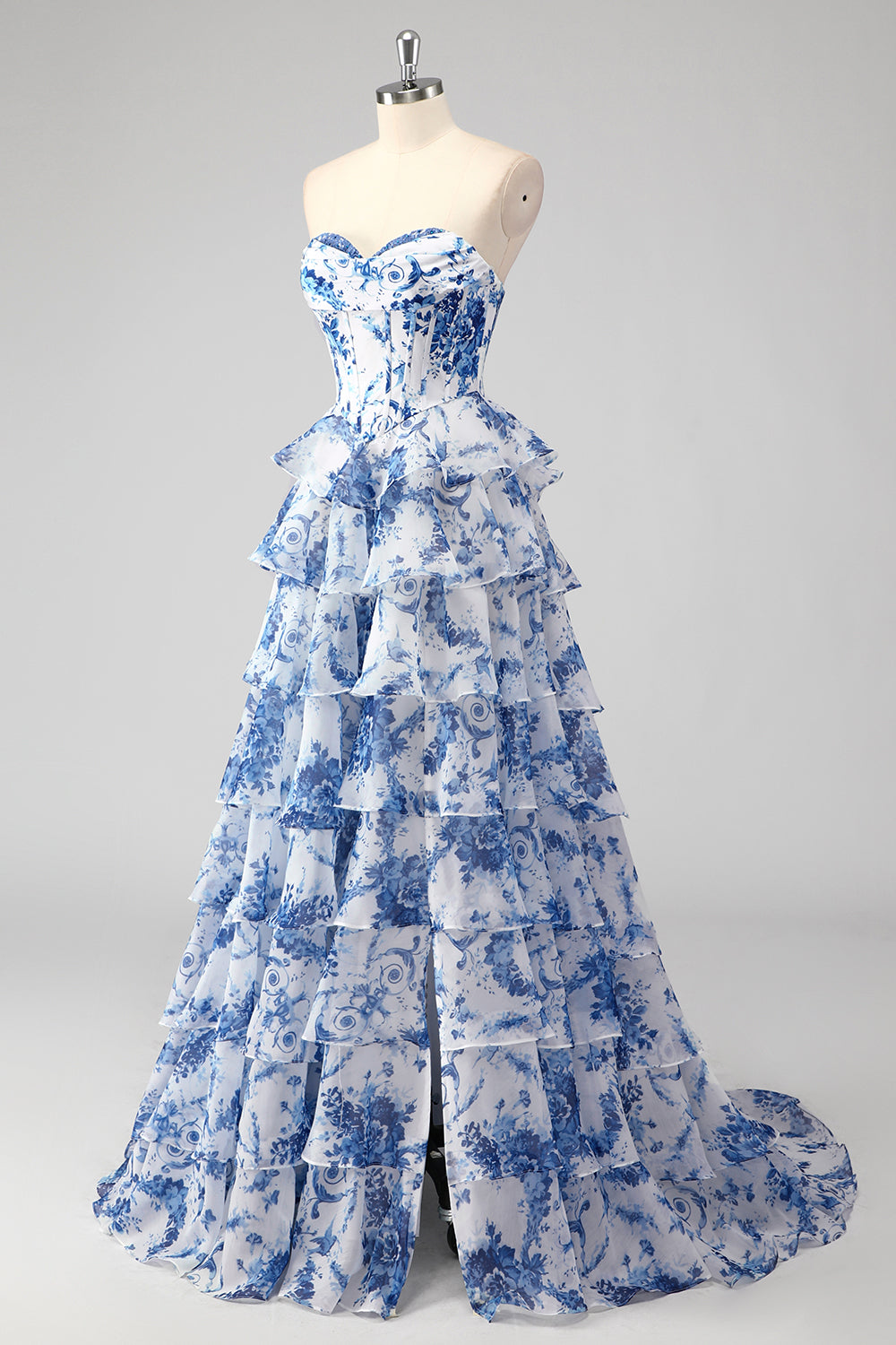 Bleu blanc fleur trapèze Sweetheart longue Robe de soirée à plusieurs niveaux avec fente