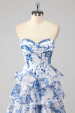 Bleu blanc fleur trapèze Sweetheart longue Robe de soirée à plusieurs niveaux avec fente