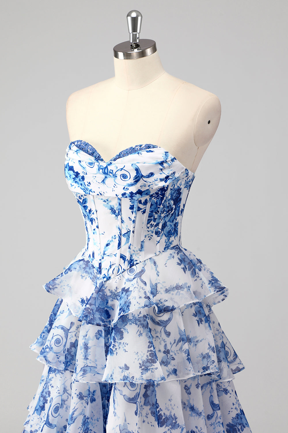 Bleu blanc fleur trapèze Sweetheart longue Robe de soirée à plusieurs niveaux avec fente